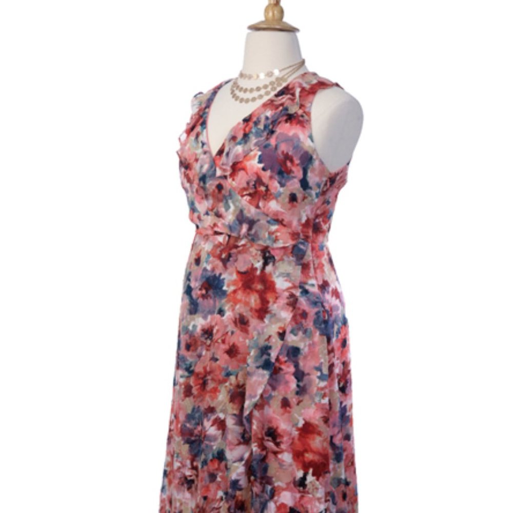 Cupio Sleeveless Ruffled Front Wrap Dress Lined Midi High-Low - Picture 4 of 7